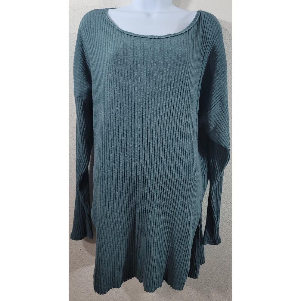 Out From Under Blue Green Ribbed Round Neck Top XL Lightweight Stretchy Soft